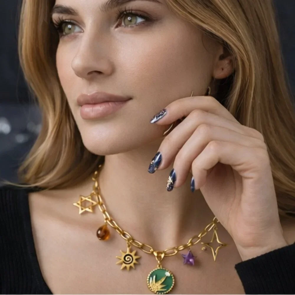 18K Gold Plated Boho Celestial Sun Star Charm Necklace 316L Stainless Steel
